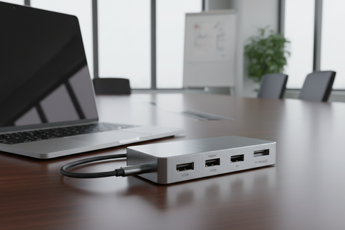 USB hub connected to a laptop on a conference table with a blurred office background